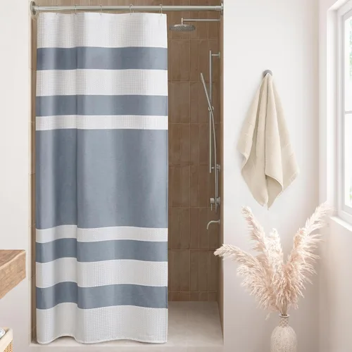 Miniatura 47 de Madison Park Cortina de ducha de tejido waffle con diseño a rayas en piezas, cortina de ducha de tela para baño con gestión de humedad 3M Rayas Taupe