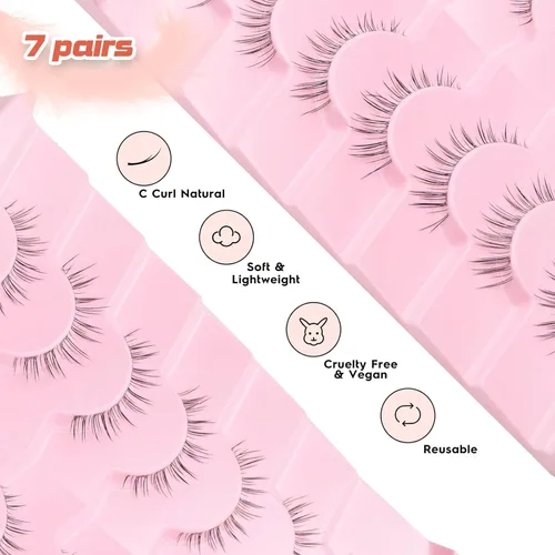 Miniatura 3 de Pestañas postizas naturales de ojo de gato de 0.472 pulgadas, pestañas postizas rizadas en C con banda fina, tiras de pestañas diarias, pestañas