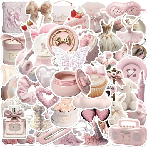 Paquete de 50 calcomanías femeninas rosas estéticas Kawaii para botella de agua, laptop, patineta, guitarra, álbum de recortes, diario, calcomanías