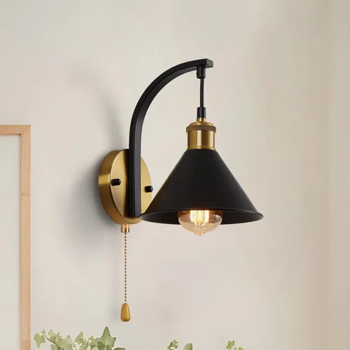 Miniatura 5 de Lightess Apliques de Pared Industriales con Interruptor de Cordón, Luz de Pared Montada Estilo Granja Negro, Accesorio de Iluminación de Pared