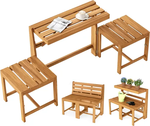 Miniatura 10 de Tangkula Mesa de bar convertible 3 en 1, mesa y sillas plegables para exteriores con marco de metal y ratán tejido, sofá biplaza de madera de acacia