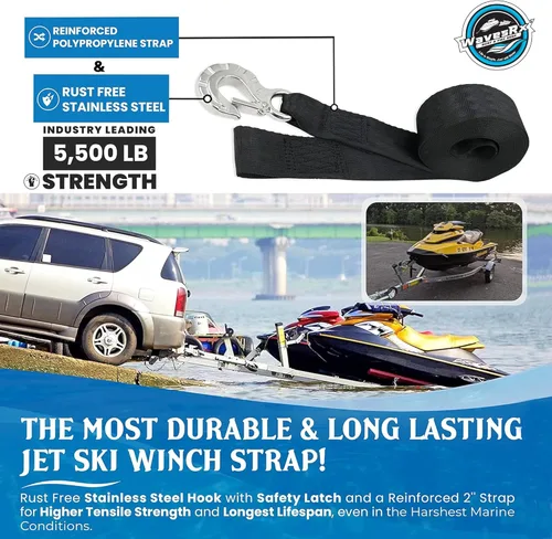 Miniatura 3 de WavesRx Correa de cabrestante de remolque de jet ski de 2"x12' con gancho de acero inoxidable y lazo de remolque de proa de conexión rápida Correa