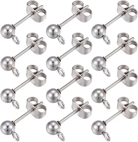 SUNNYCLUE 1 caja, 80 unidades, 20 pares de aretes de bola, aretes de acero inoxidable 304 con lazo de 0.157 pulgadas para hacer joyas, accesorios