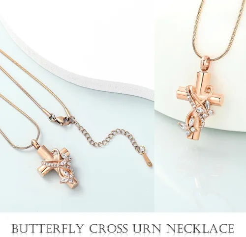 Miniatura 17 de Imrsanl Collar de urna de cruz de mariposa para cenizas, hombres y mujeres, joyería de cremación, colgante de cenizas para cenizas conmemorativas