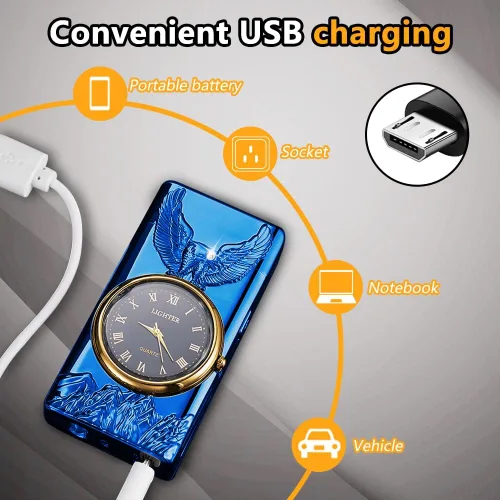 Miniatura 5 de Encendedor de Plasma de Doble Arco con Reloj Eléctrico, Recargable por USB con Pantalla de Batería, Reloj y Linterna - Regalo Único para Hombres