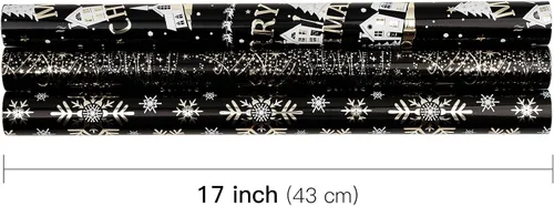 Miniatura 7 de RUSPEPA Juego de papel de regalo de Navidad negro y dorado, mini rollo, papel de regalo navideño con lámina dorada con árbol, copo de nieve y diseño