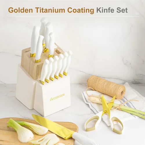 Miniatura 9 de Astercook Juego de cuchillos de cocina de 15 piezas, con revestimiento de titanio dorado saludable, juego de cuchillos de espiga completa con bloque