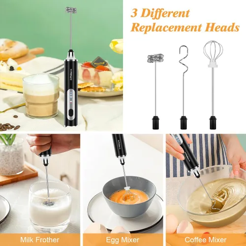Miniatura 6 de Philorn Varita espumadora de leche recargable, mezclador de bebidas de café de mano, espumador de espuma con 3 cabezales y 3 velocidades