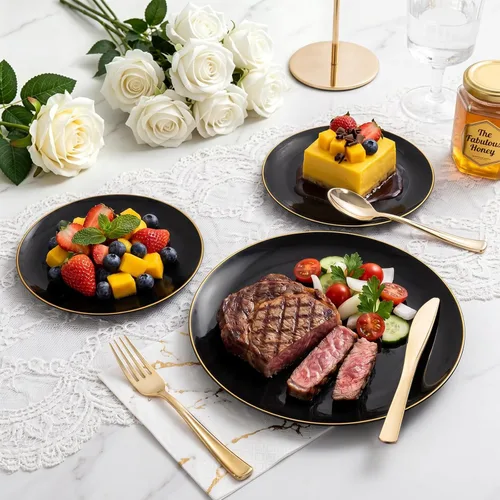 Miniatura 3 de YOUBET 125 piezas de platos de plástico negros y dorados - Platos desechables negros con borde dorado - Incluye 25 platos de cena, 25 platos