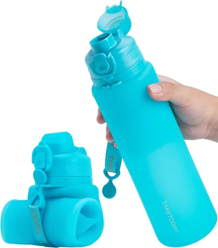 Miniatura 13 de TakeToday Botellas de agua plegables de 32 onzas, botella de agua plegable de viaje, sin BPA, botella de agua de silicona a prueba de fugas