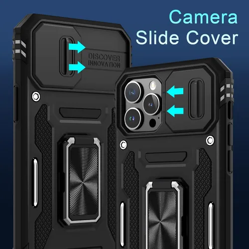 Miniatura 2 de DEERLAMN Funda para iPhone 13 Pro Max con cubierta deslizante para cámara + protector de pantalla (1 unidad), anillo giratorio con soporte de grado