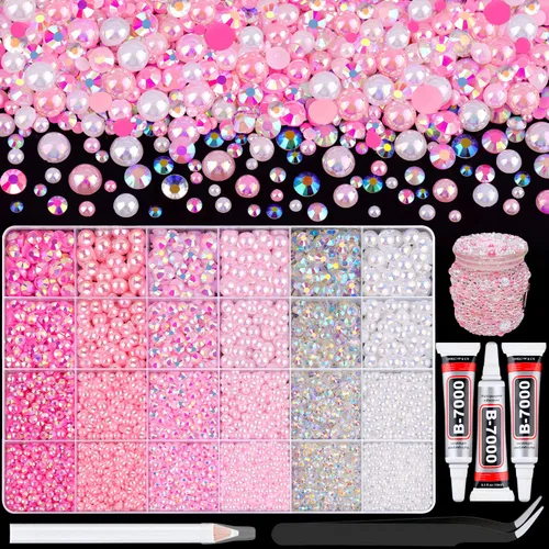 Miniatura 30 de 100g de cuentas de perlas planas y diamantes de imitación, 1-Rosa y blanco, tamaño mixto de 3-10mm, resina, diamantes de imitación y medias perlas