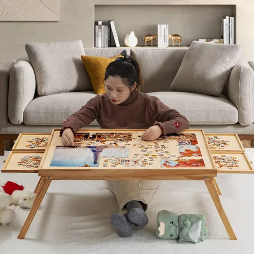 Miniatura 9 de TEAKMAMA Tablero de rompecabezas de madera de 1500 piezas con 4 cajones, mesa de rompecabezas plegable con cubierta protectora, tablero de Marrón