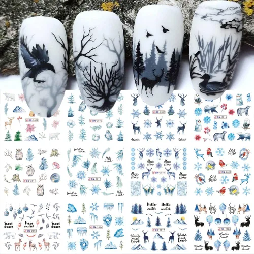Miniatura 12 de Calcomanías de arte de uñas de Halloween, calcomanías de transferencia de agua, 12 unidades, calabaza, esqueleto, araña, fantasma, hoja de arce