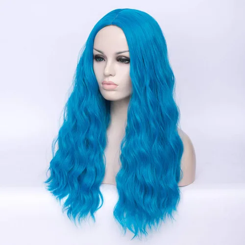 Miniatura 4 de Peluca ondulada azul de 24 pulgadas de largo para mujer, pelucas de fibra resistentes al calor, para Halloween, cosplay, fiesta diaria + gorra (azul)
