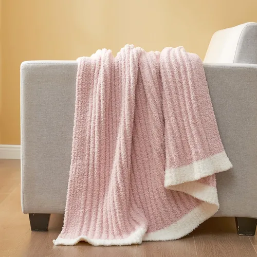 Miniatura 2 de Snuggle Sac Manta de Punto Rosa para Sofá, Mantas Suaves y Acogedoras con Ribete Esponjoso para Mujeres, Mantas de Microfibra Cálidas y Lindas