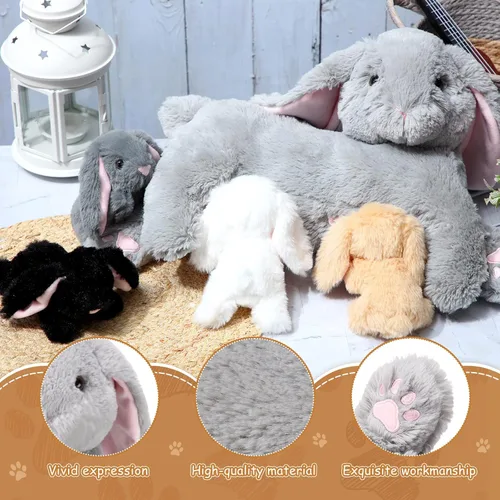 Miniatura 4 de HyDren 5 piezas de conejo de peluche con bebés, conejito de peluche de 15 pulgadas con 4 conejos en su vientre, juguetes de peluche suaves