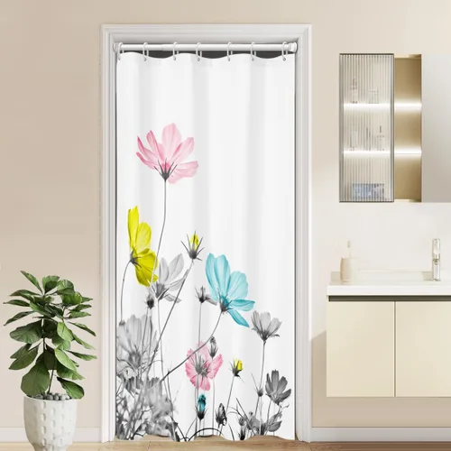 Miniatura 36 de Cortina de ducha de 72" x 72" con flores grises y rosas, gris y blanco, flores silvestres, margaritas, plantas, pintura de tinta, botánica