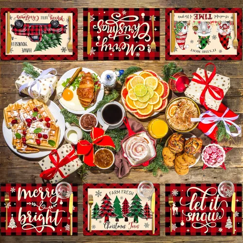 Miniatura 4 de Juego de 6 manteles individuales de Navidad, manteles de mesa a cuadros de búfalo para Navidad Feliz, tapete de cocina para mesa de comedor, tapete