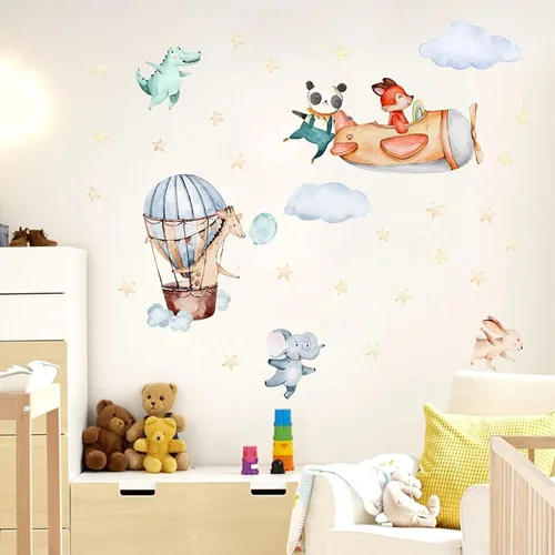 Miniatura 4 de TOARTI Calcomanía de pared de animales de avión, colorida calcomanía de pared para habitación de bebé, animales de dibujos animados para habitación