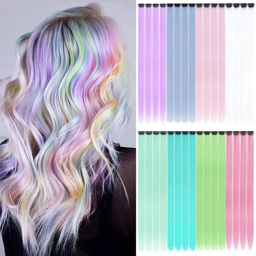 Miniatura 8 de Paquete de 12 extensiones de cabello de colores arcoíris, mechones para fiestas, 22 pulgadas, extensiones de cabello coloridas con clip, mechones