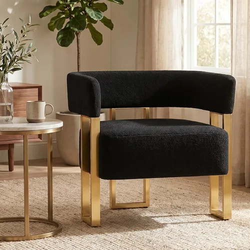 AODAILIHB Silla decorativa moderna, sillas de barril tapizadas de vellón negro con patas de metal dorado, sillones tapizados para sala de estar,