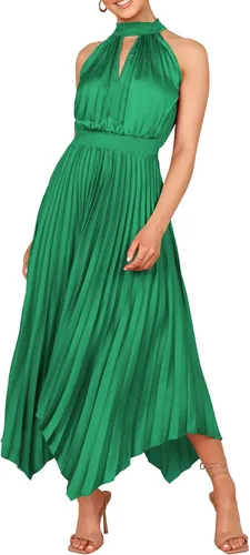 PRETTYGARDEN Vestido de verano para mujer, elegante, cuello halter, recortado, dobladillo irregular, plisado, midi acampanado, vestidos fluidos