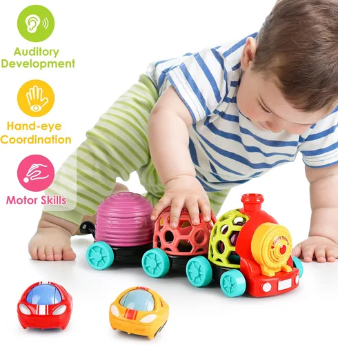 Miniatura 8 de iPlay, iLearn Tren de juguete para bebés, autos suaves para niños de 6 a 12 meses, camión musical Push N Go, sonajero sensorial para niños pequeños