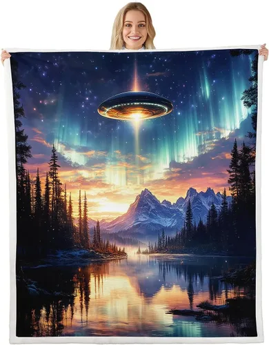 Miniatura 32 de Manta de franela de alienígena, misteriosa nave espacial estrellada con purpurina y planetas de cielo para decoración de habitaciones, manta
