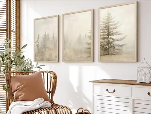Miniatura 3 de Arte de pared de bosque brumoso, arte de pared de abeto, paisaje natural, lienzo, impresiones abstractas de bosques, pintura de granja, póster