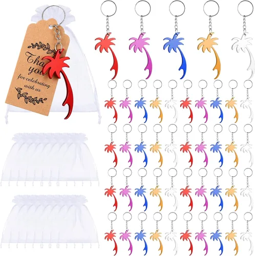 Sureio 24 piezas hawaianas para fiestas que incluyen abrebotellas de palmera, llaveros y bolsas de organza, etiquetas de agradecimiento, regalos de