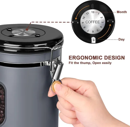 Miniatura 2 de Recipiente de café hermético de 60.9 fl oz con rastreador de fecha y ventana transparente, recipiente de café de 22.8 onzas líquidas con cuchara