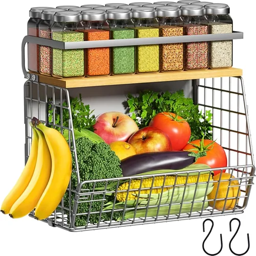 Miniatura 14 de Juego de 2 estantes magnéticos para refrigerador con tapa de madera, contenedores de almacenamiento de papas y cebollas, organizadores y Negro