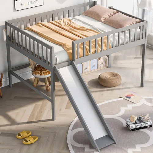 Miniatura 10 de Cama alta individual con tobogán, marco de cama loft de madera con escalera, cama baja tamaño individual, no necesita somier, gris