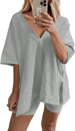 Ailoqing Conjunto de 2 piezas para mujer, de verano, de gran tamaño, cuello en V, camiseta corta de motociclista, conjunto reversible