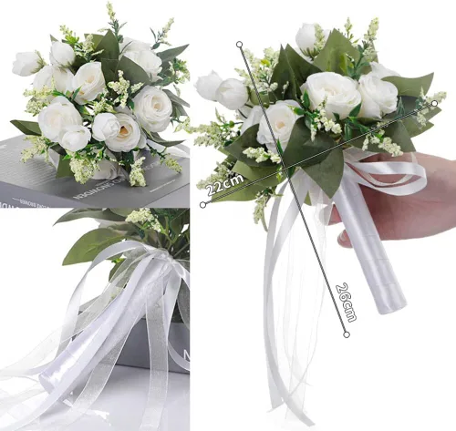 Miniatura 4 de EUBUY Ramos de boda para dama de honor, rosas artificiales blancas de 10.2 pulgadas, juego de ramos de seda de la serie Forest con lazo de cinta