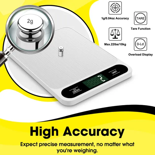 Miniatura 6 de Mik-Nana Báscula de cocina digital blanca, 22 lb/10 kg, para hornear cocinar y perder peso, graduación precisa de 0.04 oz/0.04 onzas, acero Blanco