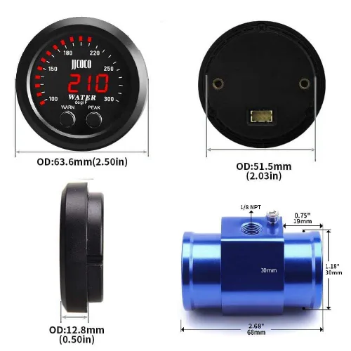Miniatura 3 de Medidor de temperatura de agua universal de 52 mm, 100-300F (38-150C), electrónico, digital, LED, rojo, DC12V/24V, para automóvil, con adaptador
