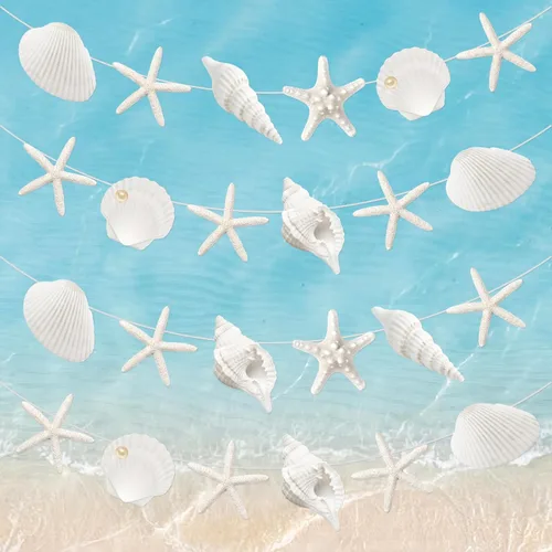 Pajean 40 Pcs Beach Seashell Garland Banner with Pearl Print Starfish Cutouts, Coastal Nautical Hanging Decor for Bridal Shower Wedding Reception
