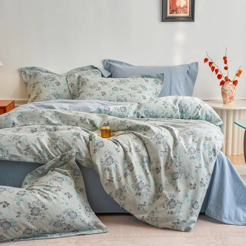 Miniatura 14 de Juego de funda de edredón blanca con estampado floral azul, juego de ropa de cama de algodón suave estilo bohemio, juego de ropa de cama estética