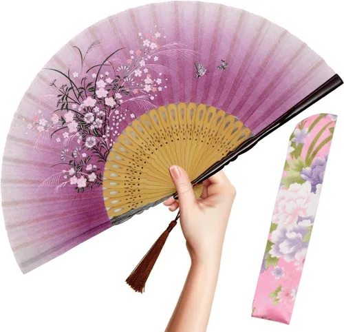 Miniatura 15 de OMyTea abanico plegable de mano para mujer - abanico de bambú y seda vintage chino/japonés plegable - para sofocos, iglesia, EDM, festival
