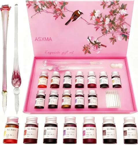 Miniatura 8 de Juego de plumas caligráficas de inmersión con 6 botellas de tinta, Pluma de Ganso, Pluma de Inmersión de Madera, Pluma de Inmersión de Vidrio, Kits