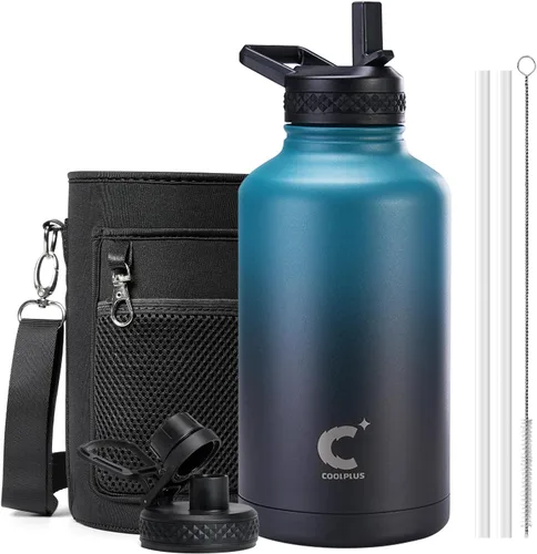 Miniatura 19 de Coolplus - Botella de agua de 32 onzas aislada, termo de agua de acero inoxidable con popote de metal de doble pared al vacío con funda de Negro