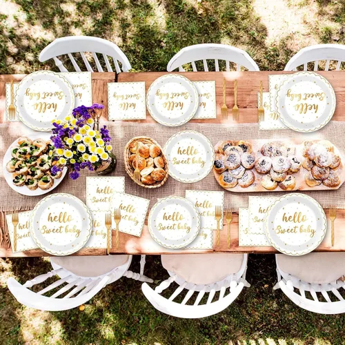 Miniatura 6 de ZOIIWA 96 piezas de platos y servilletas para fiesta "Hello Sweet Baby" - Decoraciones de baby shower blancas y doradas, juego de vajilla desechable