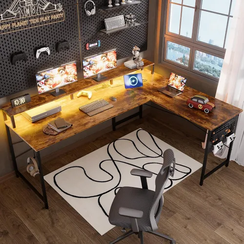 Miniatura 6 de Pamray Escritorio para juegos en forma de L de 64 pulgadas con tomas de corriente y luces LED, escritorio de esquina grande para computadora