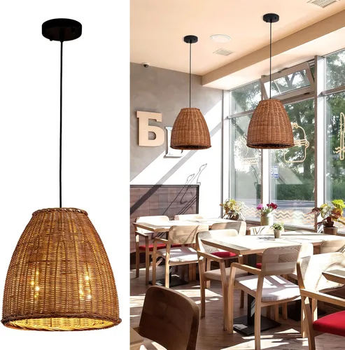 Miniatura 14 de Lámpara Colgante de Ratán de 1 Luz, 13.78" Luz Colgante de Ratán de Bambú Tejida a Mano, Candelabro de Mimbre para Isla de Cocina, Restaurante, Sala