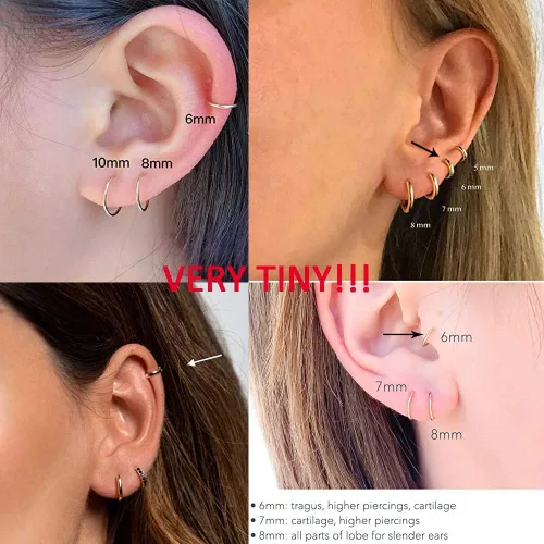 Miniatura 4 de Aretes de acero inoxidable 316L, argollas de 1564, 516, 2564, 716, 1532 y 3564 pulgadas, arracadas hipoalergénicas, para el cartílago, hélix