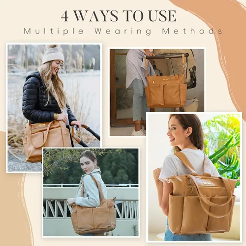 Miniatura 2 de miss fong Bolsa de pañales de cuero para bebé, mochila grande para pañales con 11 bolsillos cambiador, correas para cochecito, 4 bolsillos aislados