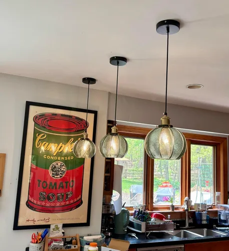 Miniatura 3 de Lámpara Colgante Vintage de 7.8 Pulgadas, Luces Colgantes de 1 Luz para Fregadero de Cocina con Vidrio Verde Soplado a Mano, Pequeña Lámpara