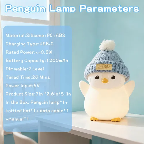 Miniatura 7 de FAMIDUO Luz nocturna de pingüino para niños, adorable lámpara de pingüino con sombrero, luz nocturna de silicona de grado alimenticio, recargable